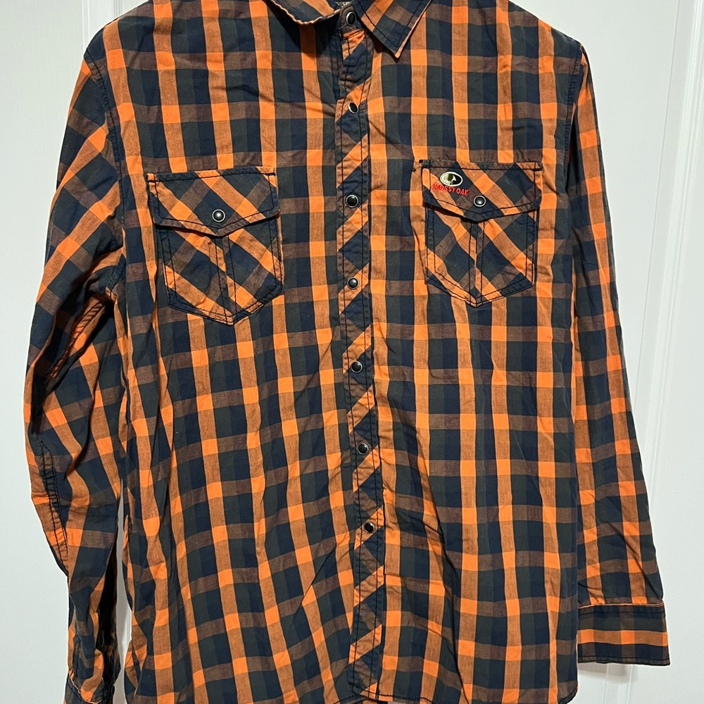 Mossy Oak Men's Plaid Button-Down Shirt - Orange and Black